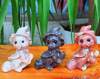Crystal Wizard Cat Figurine, Natural Quartz, Halloween Gift