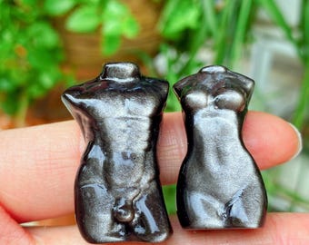 Talla corporal femenina de obsidiana plateada natural de 1,4 pulgadas, modelos masculinos de cristal de cuarzo, decoración del hogar, espécimen mineral, curación con cristales, 1 pieza