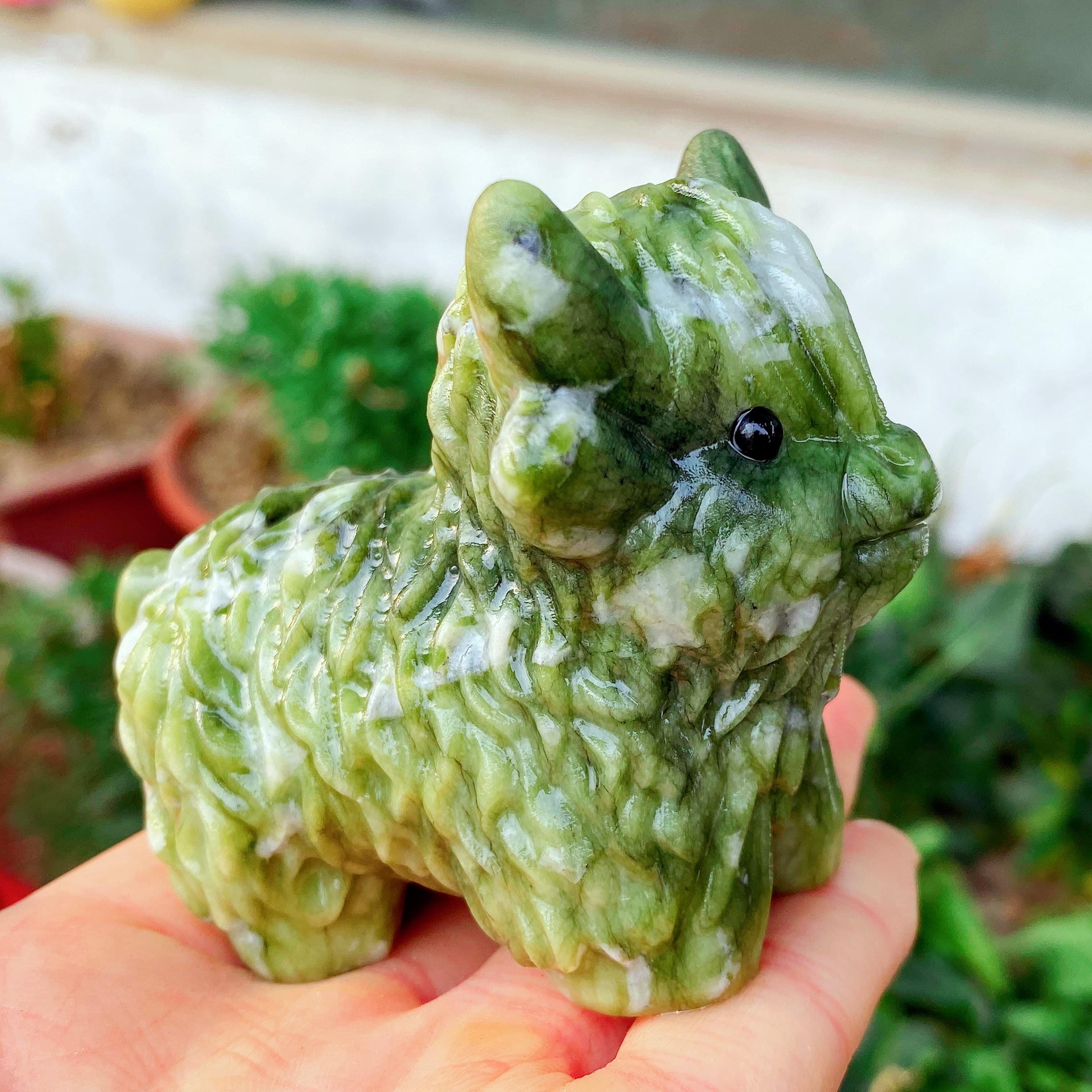 Natural Green Jade Highland Cow, Quartz Animal Carving, Home Decor