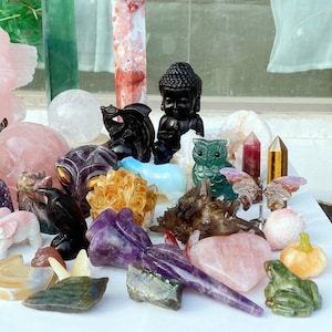 Pode incluir: Uma cole&ccedil;&atilde;o de estatuetas esculpidas em pedras preciosas, incluindo uma est&aacute;tua de Buda negra, um drag&atilde;o, uma coruja e um sapo. Outros itens incluem cristais de quartzo, um cora&ccedil;&atilde;o de quartzo rosa e uma ab&oacute;bora. A paleta de cores inclui preto, verde, roxo, rosa e dourado.