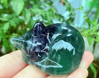 Fluorite Sleeping Cat Carving: Natural Quartz Crystal Animal (2.4")