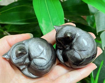 Silver Obsidian Sleeping Cat Carving: Crystal Healing Gift, 2.4"