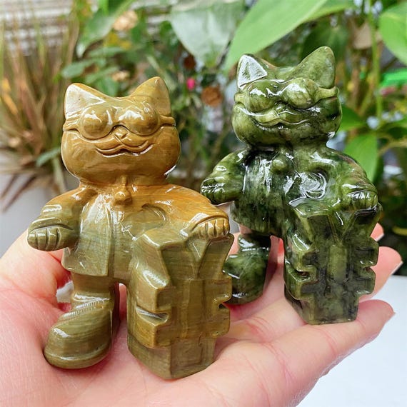 Hand Carved Songhua Jasper Cat: Green Jade Cat，quartz Healing