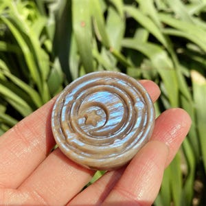 May include: A round, carved stone with a spiral design and a crescent moon and star. The stone has a light brown color with iridescent blue and purple hues. The stone is held in a hand against a background of green foliage.