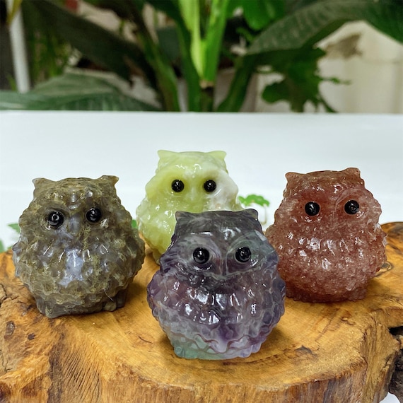 天然水晶フクロウ彫刻：手作り鉱物標本、1.6インチ - Etsy 日本