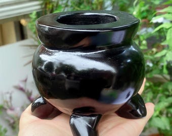 Natural Obsidian Three Leg Incense Burner: Crystal Cauldron Tripod
