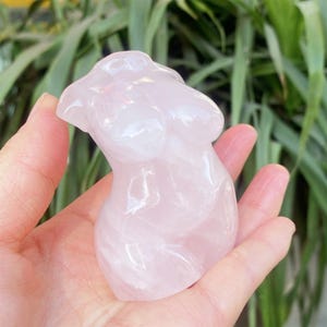 May include: A pink rose quartz torso sculpture. The carved figurine depicts a stylized female form. The stone has a translucent quality, with subtle variations in colour. The sculpture is held in a hand, with green foliage in the background.