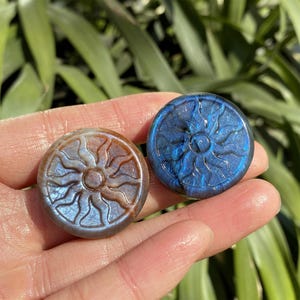 Può includere: Due ciondoli rotondi in pietra preziosa scolpita con un motivo a raggiera. Uno è marrone e blu, l'altro blu intenso. I ciondoli sono tenuti in una mano, con un fogliame verde sullo sfondo.