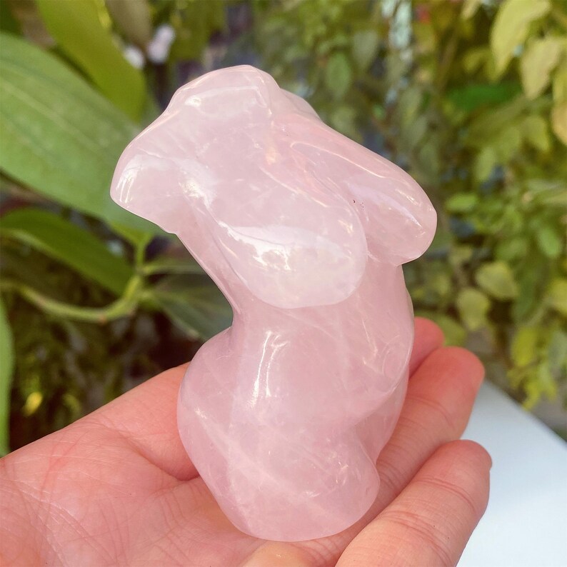 May include: A polished, pink rose quartz figurine in the shape of a torso. The sculpture is smooth and detailed, with rounded forms representing the chest and abdomen. The background features green foliage.