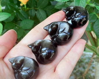 Silver Obsidian Sleeping Cat Figurine: Crystal Healing Gift