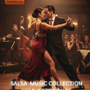 Puede incluir: Una pareja baila tango en un salón de baile con poca luz. La mujer lleva un vestido rojo con una abertura alta, mientras que el hombre viste un traje negro y corbata roja. El texto dice "SALSA MUSIC COLLECTION 12GB - 1,170 SONGS VARIOUS ARTIST."