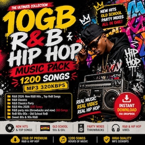 May include: A graphic advertising an R&B and Hip Hop music pack. The image shows a person in a black hoodie and sunglasses, with a boombox. Text includes "10GB," "1200 Songs," and "Instant Download via Dropbox."