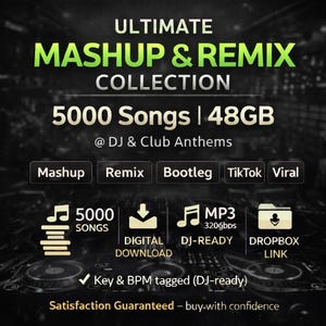 Può includere: Annuncio di una collezione di musica digitale con il testo "ULTIMATE MASHUP & REMIX COLLECTION." Presenta 5000 canzoni, 48GB e DJ & Club Anthems. Include tag "Mashup", "Remix", "Bootleg", "TikTok" e "Viral". Offre download digitale e link Dropbox.