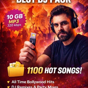 Può includere: Immagine promozionale per un pacchetto DJ di Bollywood. L'immagine presenta un uomo con le cuffie che tiene una chiavetta USB. Il testo include "BOLLYWOOD ALL-TIME BEST DJ PACK", "10 GB MP3 320 kbps" e "1100 HOT SONGS!" con un elenco di tipi di canzoni.