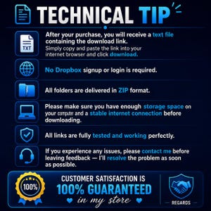 May include: A dark blue informational graphic titled TECHNICAL TIP with white text explaining digital download procedures. It includes icons for a text file, globe, folder, computer, shield, and headset, plus a 100% customer satisfaction badge.