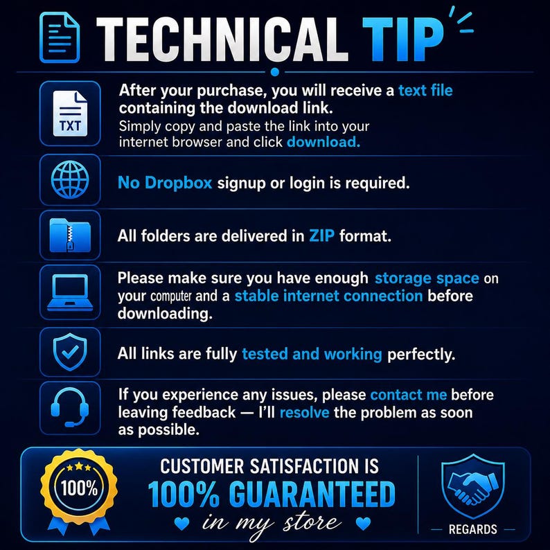 May include: A dark blue informational graphic titled TECHNICAL TIP with white text explaining digital download procedures. It includes icons for a text file, globe, folder, computer, shield, and headset, plus a 100% customer satisfaction badge.