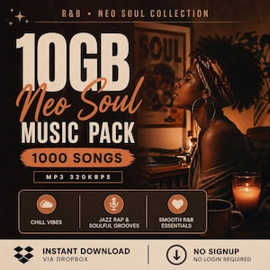 May include: A digital music pack advertisement with the text "10GB Neo Soul Music Pack 1000 Songs." The image features a woman with a headscarf, large hoop earrings, and a lit candle. The bottom of the image says "Instant Download via Dropbox" and "No Signup No Login Required."