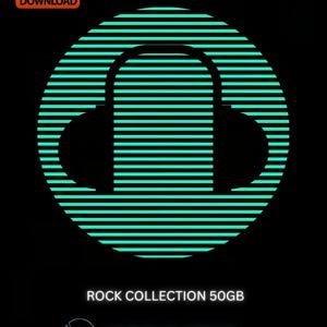 Op de afbeelding: Zwarte achtergrond met een turquoise en zwarte afbeelding van een koptelefoon in een cirkel. De tekst "ROCK COLLECTION 50GB" staat eronder, met "VARIOUS ARTIST" eronder. Een digitaal downloadpictogram staat linksboven.
