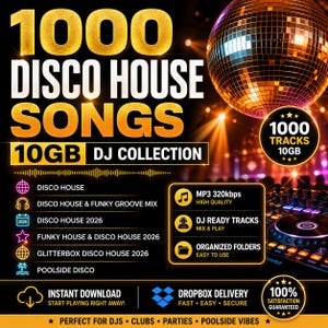 Può includere: Immagine promozionale per una raccolta di musica DJ. L'immagine presenta il testo "1000 Disco House Songs" e "10GB DJ Collection". Sono visibili anche una palla da discoteca e attrezzature da DJ. L'immagine include anche il testo "Download istantaneo" e "Consegna Dropbox".