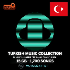 Puede incluir: Gráfico de descarga digital para una colección de música turca. El diseño presenta un contorno de auriculares turquesa, la bandera turca y el texto "TURKISH MUSIC COLLECTION" con detalles sobre la música y el artista.
