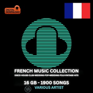 Può includere: Grafica per download digitale con sfondo nero. Presenta un design di cuffie turchese, la bandiera francese e il testo "FRENCH MUSIC COLLECTION" e "16 GB - 1900 SONGS".