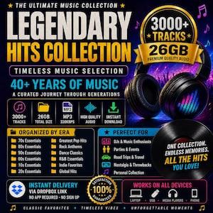 Puede incluir: Gráfico promocional para una colección de música titulada "Legendary Hits Collection". Presenta auriculares, un disco de vinilo y texto que indica más de 3000 pistas, 26 GB de tamaño total y descarga instantánea. La colección está organizada por época y es perfecta para diversas ocasiones de escucha.