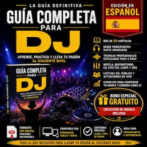 Peut inclure: Un guide numérique intitulé Guía Completa para DJ présentant une couverture de livre avec un DJ devant une foule. Le graphique inclut du texte détaillant plus de 20 chapitres, des techniques professionnelles, des conseils de scène et un bonus musical.