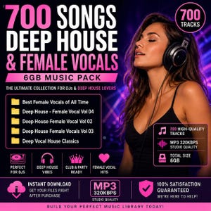May include: A promotional image for a music pack featuring 700 songs, deep house, and female vocals. The image includes a woman wearing headphones, and text that says "700 Tracks" and "6GB Music Pack". The image also includes icons and text such as "Perfect for DJs".