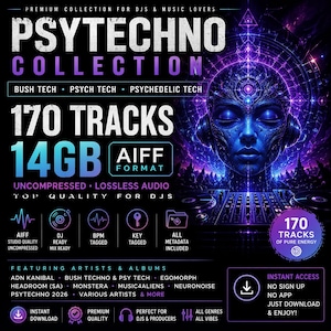 Op de afbeelding: Digitale muziekcollectie "PSYTECHNO COLLECTION" met 170 tracks, 14GB in AIFF-formaat. Het ontwerp toont een futuristische, paars getinte illustratie van een persoon met een koptelefoon. Bevat artiestennamen en de tekst "Directe toegang, gewoon downloaden en genieten!"