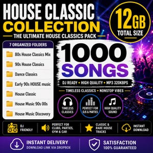 Raccolta di classici della musica House da 12 GB / 1000 brani, MP3 anni '80 e '90 (pronta per i DJ)