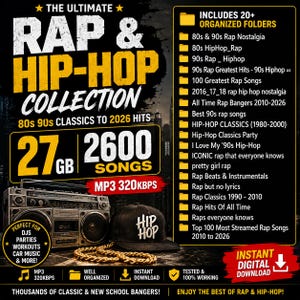 Könnte beinhalten: Digitale Sammlung "The Ultimate Rap & Hip-Hop Collection" mit 27 GB und 2600 Songs. Das Bild zeigt einen Ghettoblaster, eine "Hip Hop"-Kappe und eine goldene Kette. Enthält 20+ organisierte Ordner mit Rap-Musik.