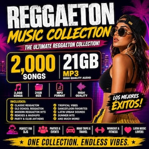 May include: A digital music collection advertisement titled REGGAETON MUSIC COLLECTION, featuring 2,000 songs, 21GB of MP3 files, and high-quality audio. The graphic includes text lists of genres, usage icons, and the phrase LOS MEJORES ÉXITOS.