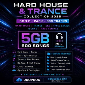 Puede incluir: Gráfico promocional para una colección de música llamada "Hard House & Trance Collection 2026". El diseño presenta un pack de DJ de 5 GB con 600 pistas. Incluye géneros como Techno y Rave Remixes, con una paleta de colores púrpura y azul.