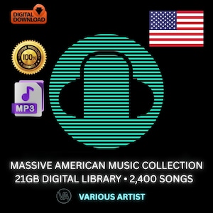 Könnte beinhalten: Grafik für digitalen Download mit einem türkisfarbenen Kopfhörer-Design. Das Bild enthält eine amerikanische Flagge, ein MP3-Symbol und den Text: "MASSIVE AMERICAN MUSIC COLLECTION 21GB DIGITAL LIBRARY • 2,400 SONGS." Ein goldenes Siegel lautet "100% GARANTIE."