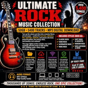 May include: Digital download advertisement for an Ultimate Rock Music Collection. The graphic features a guitar, text, and a silhouette of a person playing guitar. Includes 50GB, 5400 tracks, and MP3 digital download.