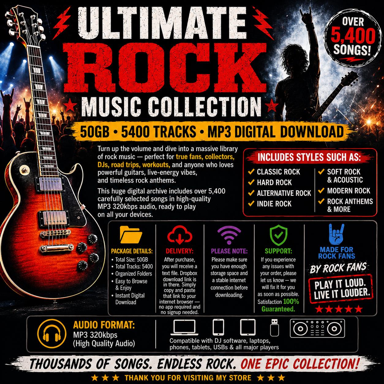 Ultimate Rock Music Collection 50GB 5400 Tracks MP3 Digital