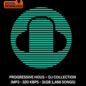 Può includere: Grafica di download digitale con sfondo nero. Un'icona di cuffie turchese è centrata, composta da linee orizzontali. Il testo recita "PROGRESSIVE HOUS - DJ COLLECTION" e "VARIOS ARTIST". L'icona di download è arancione.