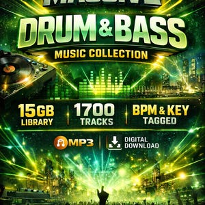 Puede incluir: Anuncio de una colección de música digital con el texto "MASSIVE DRUM & BASS MUSIC COLLECTION". Presenta una configuración de DJ, un paisaje urbano y el texto "15GB LIBRARY, 1700 TRACKS, BPM & KEY TAGGED". Incluye iconos de MP3 y descarga digital.