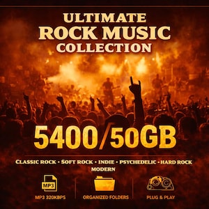 Puede incluir: Anuncio de una colección de música rock definitiva. La imagen presenta una multitud en un concierto con el texto "ULTIMATE ROCK MUSIC COLLECTION" en la parte superior. El texto "5400/50GB" está en números grandes. Géneros musicales e iconos debajo.