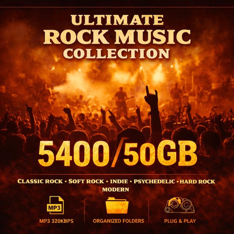Może przedstawiać: Reklama dla Ultimate Rock Music Collection. Obraz przedstawia tłum na koncercie z tekstem "ULTIMATE ROCK MUSIC COLLECTION" na g&oacute;rze. Tekst "5400/50GB" jest w dużych liczbach. Poniżej znajdują się gatunki muzyczne i ikony.