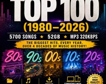 Collectie topnummers (1980–2026) | 5700 nummers | 52 GB muziekpakket | MP3 320 kbps [Digitale download]