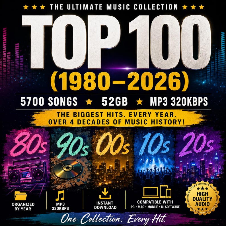 top song Collection (1980–2026) | 5,700 Songs | 52GB Music Pack | MP3 320kbps [ Digital Download ] image 1