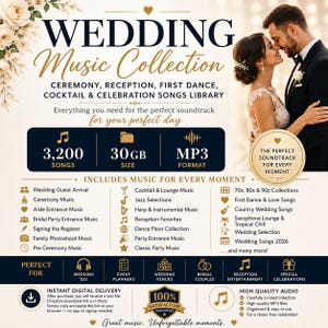 May include: A digital wedding music collection advertisement featuring a couple, text reading WEDDING Music Collection, 3,200 SONGS, 30GB SIZE, MP3 FORMAT, and a list of music categories including ceremony, reception, first dance, and cocktail songs.