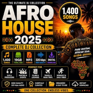 Op de afbeelding: Een digitale muziekcollectie-advertentie getiteld Afro House 2025, The Ultimate DJ Collection. Het bevat een DJ met een koptelefoon, 1.400 nummers, 19 GB totale grootte, MP3-formaat, 320 kbps kwaliteit en een afbeelding van het Afrikaanse continent.