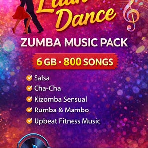 May include: Digital download graphic for a Zumba music pack. The design features a couple dancing, the words "Latin Dance" in yellow, and a musical note. The pack includes 6 GB and 800 songs, with Salsa, Cha-Cha, and other music styles.