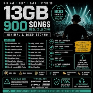 Può includere: Grafica promozionale per una raccolta musicale da 13 GB con 900 brani del genere Minimal & Deep Techno. Il design include una silhouette di DJ, elenchi di tracce e dettagli sulla qualità audio e le opzioni di download. Il testo include "Minimal & Deep Techno" e "900 Songs Mega Collection."