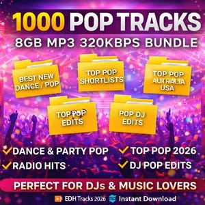 May include: A promotional image for a music bundle featuring the text "1000 POP TRACKS" and "8GB MP3 320KBPS BUNDLE." The image includes yellow folder icons with text like "BEST NEW DANCE/POP" and "TOP POP SHORTLISTS." The background is a vibrant mix of purple, pink, and yellow.