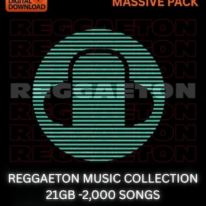 Può includere: Grafica di download digitale con sfondo nero. L'immagine presenta un design di cuffie turchese con linee orizzontali all'interno di un cerchio. Il testo include "REGGAETON MUSIC COLLECTION", "21GB - 2.000 SONGS" e "VARIOUS ARTIST".