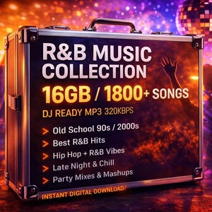 Könnte beinhalten: Eine digitale R&B-Musiksammlung, dargestellt auf einem schwarz-silbernen Koffer. Der Text lautet "R&B Music Collection" mit "16GB / 1800+ Songs". Zusätzlicher Text enthält "DJ Ready MP3 320KBPS" und eine Liste von Musikgenres. Die Worte "Sofortiger digitaler Download" sind ebenfalls sichtbar.