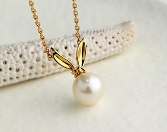 Gold Bunny Necklace: Freshwater Pearl Pendant, Sterling Silver Rabbit